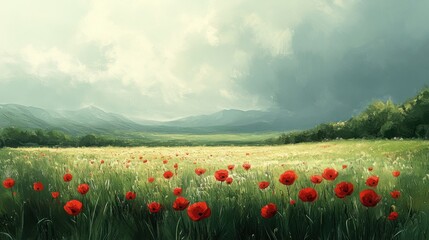 A green expanse dotted with bright red poppies and soft grass