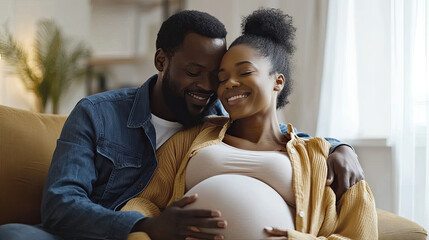 Loving couple sitting belly hug, future parents expecting first baby close at home, caring husband and pregnant wife, expressing love, parenthood, new life, planning, dreaming, giving prenatal care