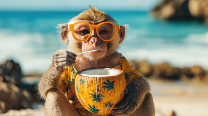 Playful capuchin monkey in colorful Hawaiian outfit and stylish sunglasses, enjoying a refreshing coconut drink on a sunny tropical beach, vacation banner with copy space.