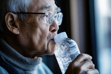 Incentive Spirometer: Elderly Man Improving Breathing with Water Bottle for Health