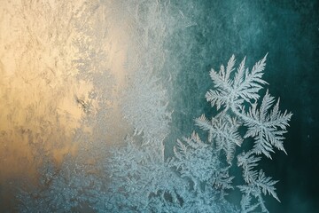 Intricate frost patterns adorn a windowpane, showcasing a stunning blend of icy gold and teal hues.