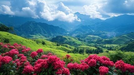 A lush green valley filled with clusters of pink and red flowers under fluffy clouds