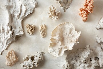 Assortment of bleached coral and stones arranged on a textured beige background.