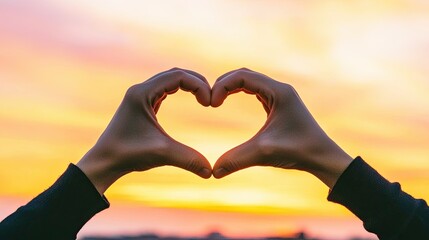 Heart-shaped gesture of love at sunset nature scene emotional expression vibrant sky romantic viewpoint