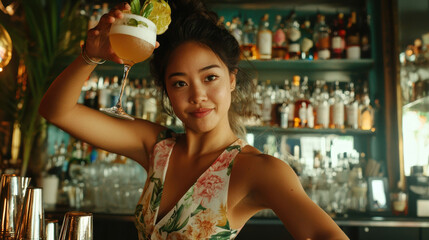 smiling bartender in floral dress holds cocktail with lime garnish in lively bar setting