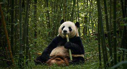 Obraz premium The Giant Panda Relaxing in a Bamboo Forest 