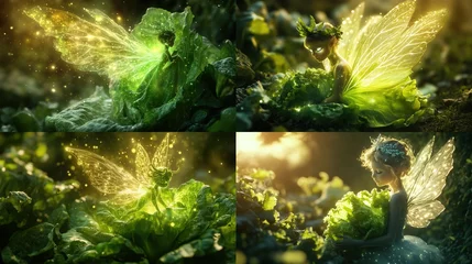 Four whimsical fairies among lettuce.