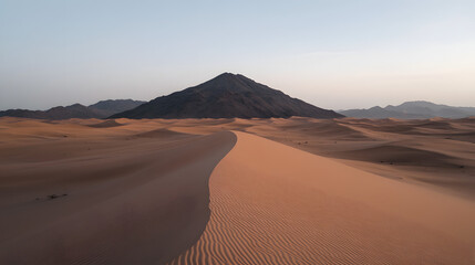 Vast desert landscape with a prominent mountain.  Gentle sand dunes stretch towards a distant peak under a pale sky