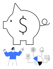 Piggy bank with dollar sign, man gesturing towards financial icons, pie chart. Ideal for finance, savings, investment, education, budgeting personal growth wealth building. Flat simple metaphor