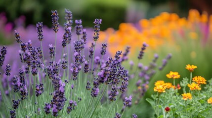 Obraz premium A picturesque meadow blanketed with purple lavender and golden buttercups