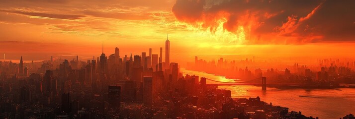 City skyline silhouette with orange sky and water in the
