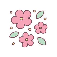 Cute floral illustration. Three pink flowers with green leaves and yellow sparkles. Simple hand drawn illustration isolated on a white background. Kawaii sticker. Vector 10 EPS.
