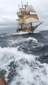 age of sail, brigantine ship sails the raging sea.