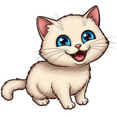 Obraz premium Adorable Kitten Illustration: Captivating cartoon illustration of a happy, smiling kitten with bright blue eyes.