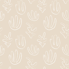 Fototapeta premium Seaweed silhouette seamless pattern. Hand drawn doodle illustration. Underwater sea life summer holiday. Beige sandy seaweed, algae design element set