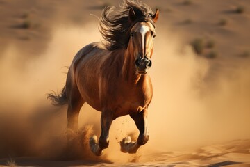 Obraz premium A powerful wild stallion gallops through the golden sands of a desert, kicking up dust in the bright sunlight, showcasing its strength and grace in the open landscape