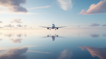 Airplane Soaring Over Vast Open Sky with Reflection on Calm Water Surface