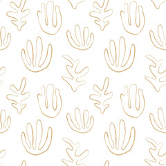 Seaweed silhouette seamless pattern. Hand drawn doodle illustration. Underwater sea life summer holiday. Beige sandy seaweed, algae design element set