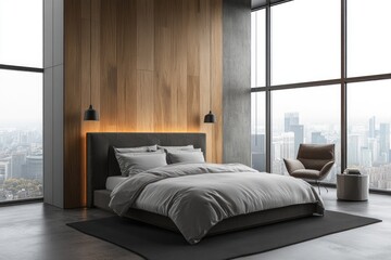 Modern bedroom interior showcasing a luxurious bed and city views