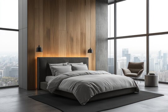 Modern bedroom interior showcasing a luxurious bed and city views