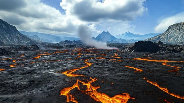 A lava field stretching endlessly, jagged rocks and solidified rivers of magma, a stark and alien landscape.