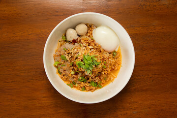 Delicious noodle bowl local market food photography rustic setting overhead view culinary delight