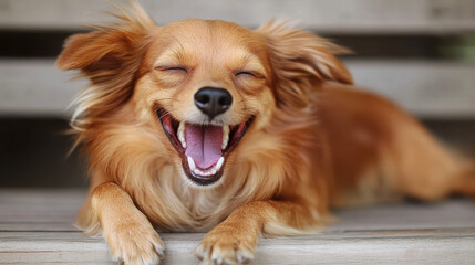 A cheerful dog lying down with a big smile, showcasing happiness and relaxation.