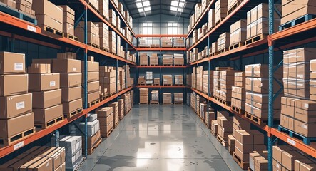 An aerial shot of a fully stocked warehouse with materials stacked on pallets anime cartoon style illustration artwork design background