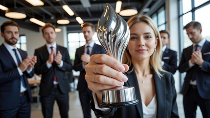 Businesswoman Holding Award with Team Applauding - Corporate Success and Recognition
