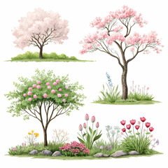 Obraz premium Hand-painted spring trees and shrubs botanical watercolor set for seasonal landscape art