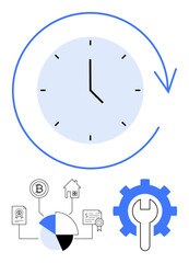 Clock with arrow for time management, connected icons for finance, cryptocurrency, property, pie chart, and a gear with wrench for efficiency. Ideal for productivity, planning, finance