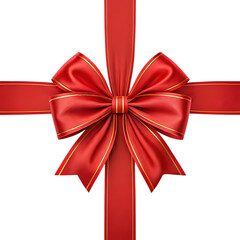  large red ribbon bow in the centre of a long straight piece of ribbon to be used as a birthday or Christmas banner, border isolated 