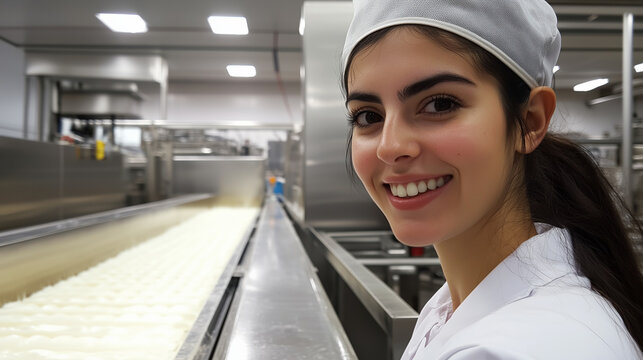 A female worker in a modern dairy factory inspects the milk processing line, recording data on a tablet to ensure quality control.