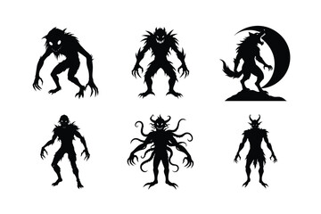 Six Spooky Monster Silhouettes for Halloween or Fantasy Design