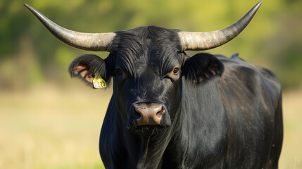 A close-up of a black bull with prominent horns in a natural setting.
