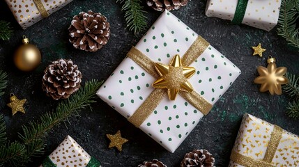 Holiday gift wrapping action cozy home setting still life composition festive atmosphere aerial view celebration concept