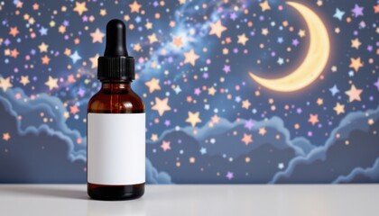 Celestial Theme A dropper bottle against a night sky backdrop with stars and a crescent moon, presenting a dreamy, cosmic ambiance.