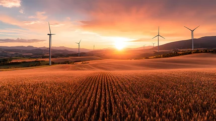 Selbstklebende Fototapeten Golden Wheat Field at Sunset with Wind Turbines © ardian
