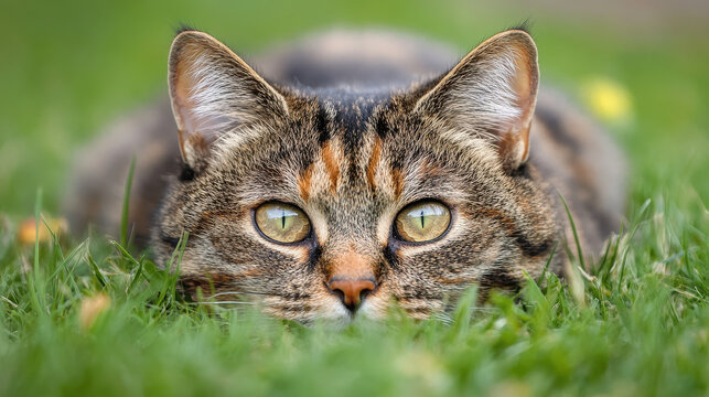 A close-up of a camouflaged cat lying in grass, showcasing its focused gaze.
