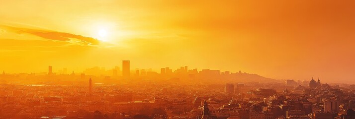 City skyline silhouette against bright orange sky with sun rays