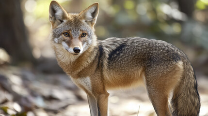 Fototapeta premium A close-up of a coyote standing in a natural setting, showcasing its features and fur.