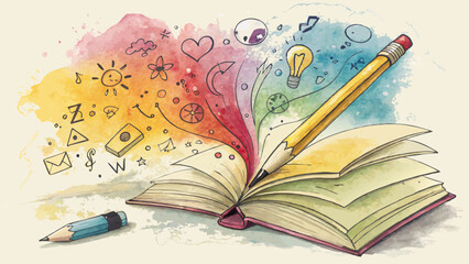 "Watercolor pencil and book background with vibrant colors, artistic learning theme and copy space"