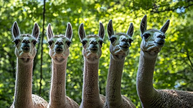 Group of five llamas standing together in a lush green forest on a sunny day