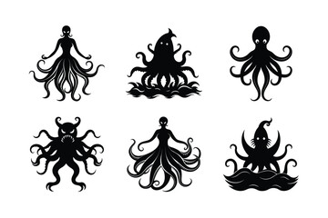 Six Black and White Octopus Silhouettes in Various Styles