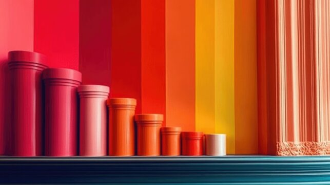 Colorful tubes arranged in gradient against striped backdrop.Art blogs,design websites,interior design sites, graphic design portfolios,DIY blogs,abstract art websites, color theory blogs