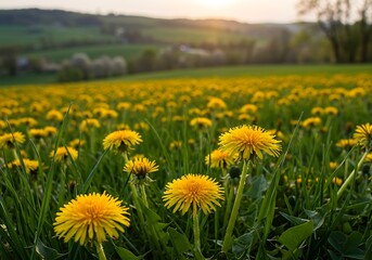 Fototapeta premium A sunlit field of cheerful dandelions blooming vibrantly under a warm evening sky, showcasing nature's gentle beauty in soft focus.