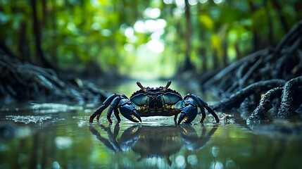 Blue Crab in Mangrove Creek, Focused on Nature