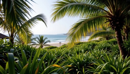 Tropical Landscape A lush tropical setting with tall grasses and palm fronds swaying in a gentle breeze against a serene beach background.