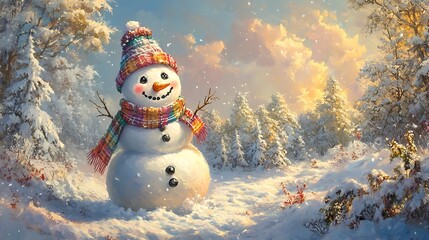 Fototapeta premium Cheerful snowman in snowy forest at sunset