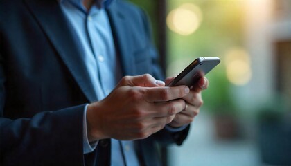 Fototapeta premium Businessman Using Smartphone Close up Hands Modern Technology Professional Communication Mobile